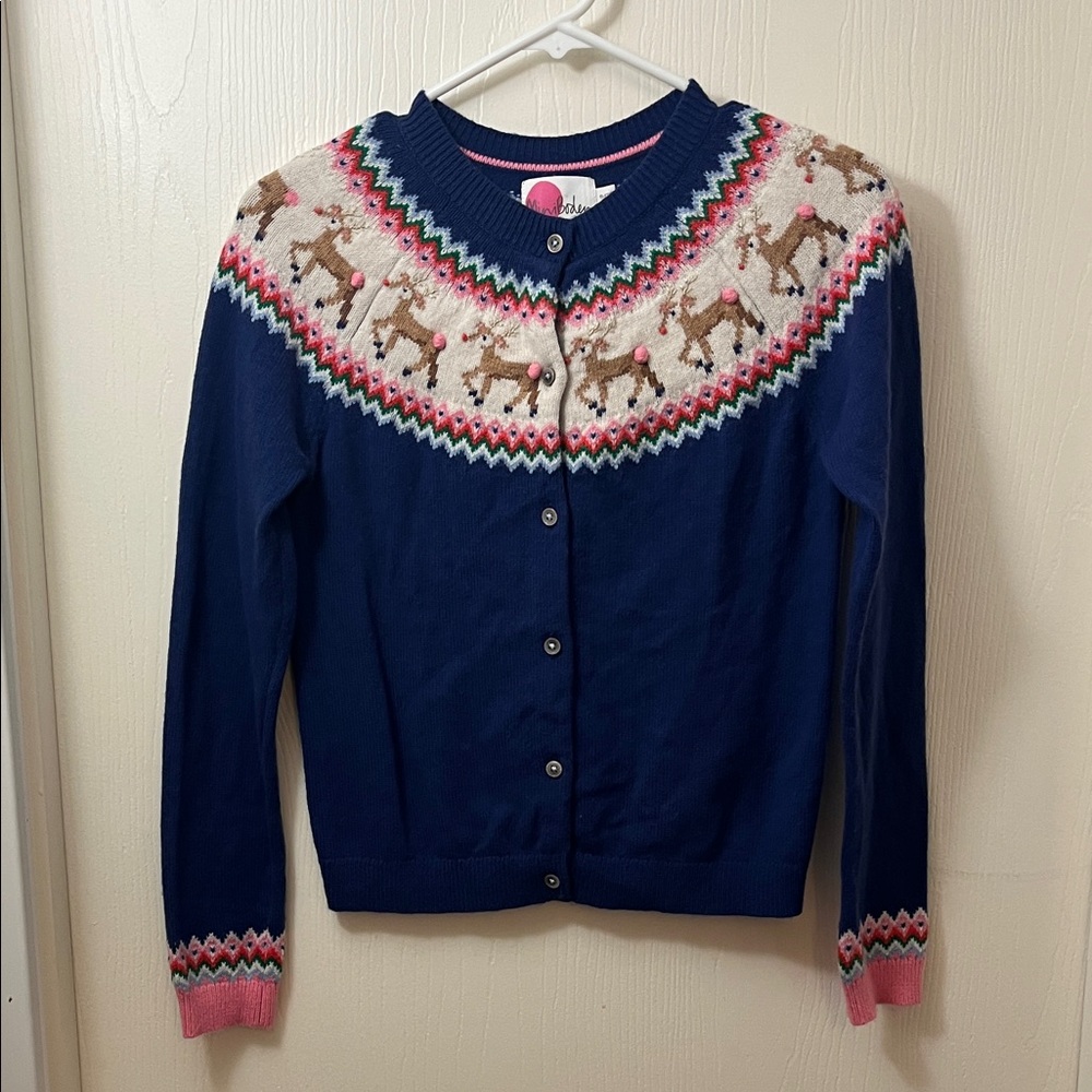 Mini Boden Navy Cardigan with Reindeer Pattern